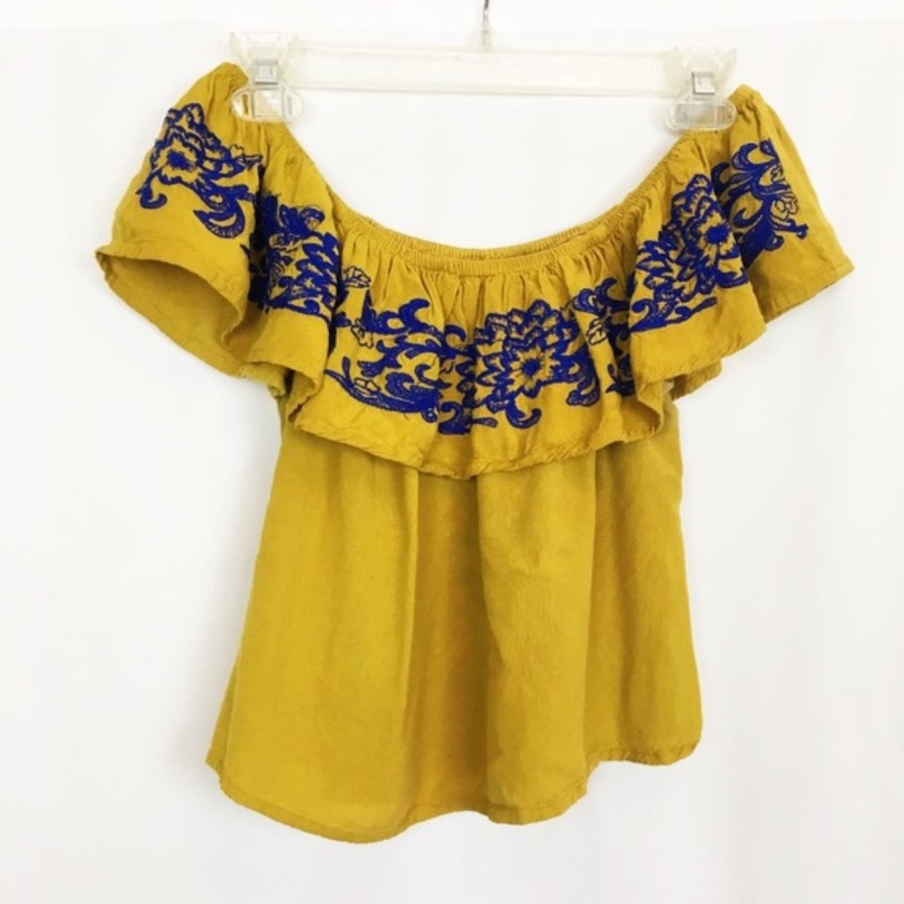 Style Envy mustard off shoulder embroidered top S